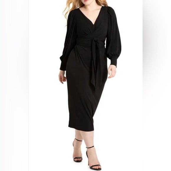 Missguided plus black long sleeve wrap belted midi dress size 18 NWT - Picture 4 of 12